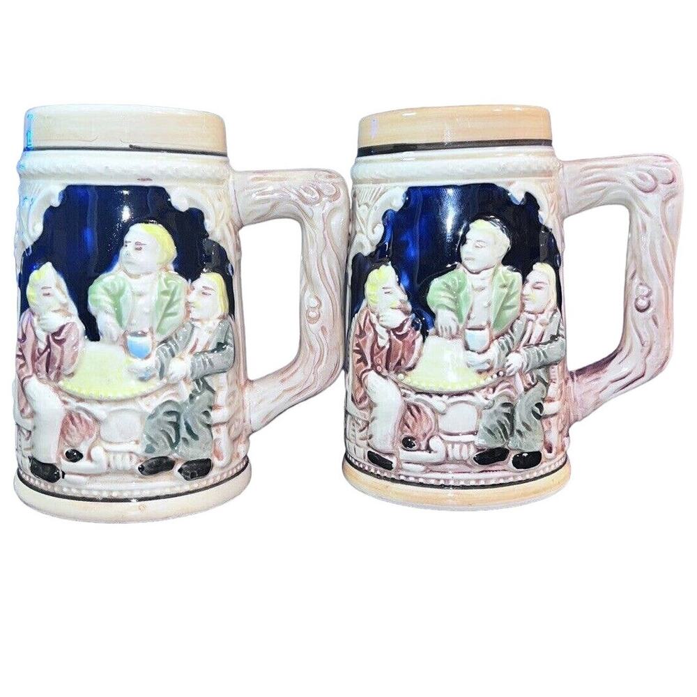 Ceramic German Beer Stein Mugs Japan Tavern Scene 5" Pair Vintage